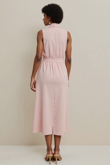 Pink Satin Shawl Lapel Sheath Long Work Dress with Bow